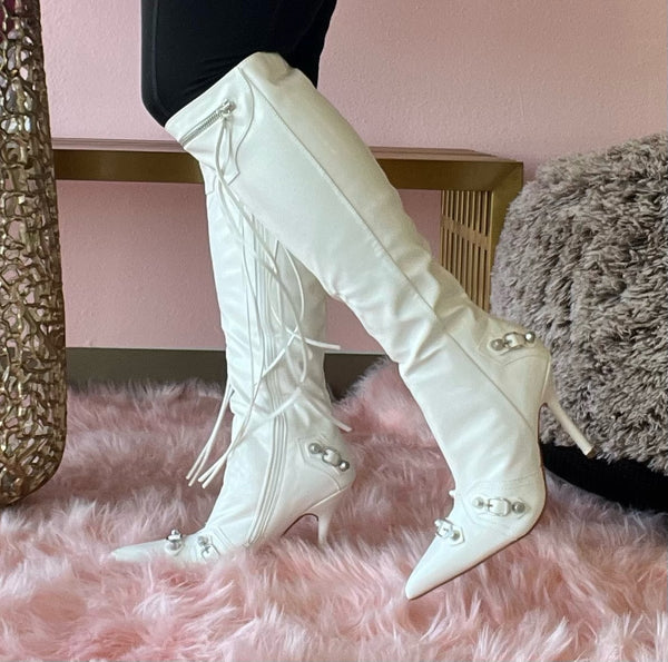 BEXIE-3/2024 White Faux Leather Boot Knee High Boot with Tassel Zipper Detail