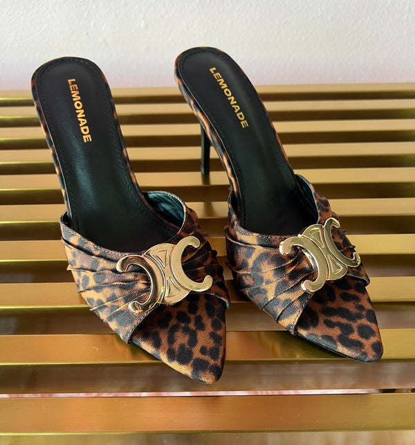 UPGRADE CLASS Leopard Print Mule Heel Open Toe Faux Suede