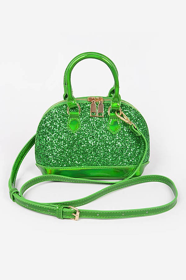 LUCINDA BAG/HPC5083 Green Glitter Metallic Purse - Green Glitter Metallic Faux Leather - Top Handle Clutch - Removable Shoulder Strap