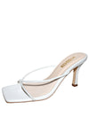 DOVIE-1 White Kitten Heel Split Toe Faux Leather - Slip On - Square Open Toe