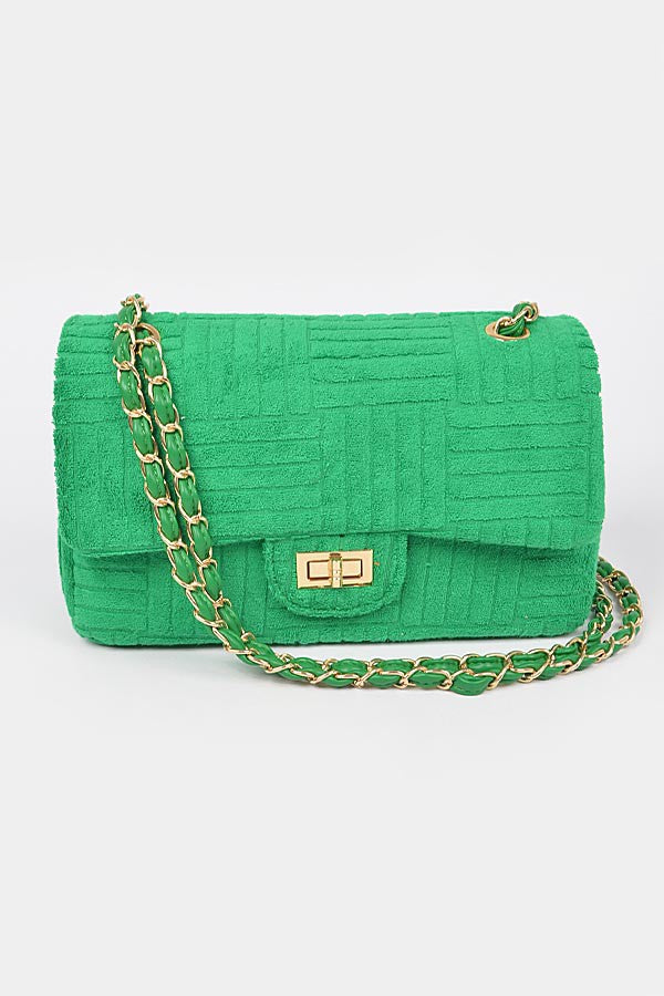 TRAPPER BAG/HPC5424 Green Terry Cloth Shoulder Bag - Green Handbag - Terrycloth Embossed Design - Foldover Clutch - Chain Strap