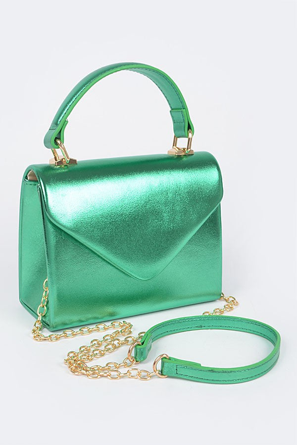 ARTESIA BAG/HPC5755 - Green Metallic Faux Leather - Top Handle Bag - Foldover Closure - Detachable Shoulder Strap