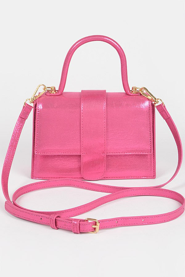 CELESTE 2025 BAG/HPC5762 - Fuchsia Pink Shimmer Metallic Faux Leather - Top Handle Clutch - Removable Shoulder Strap - Approx. 8