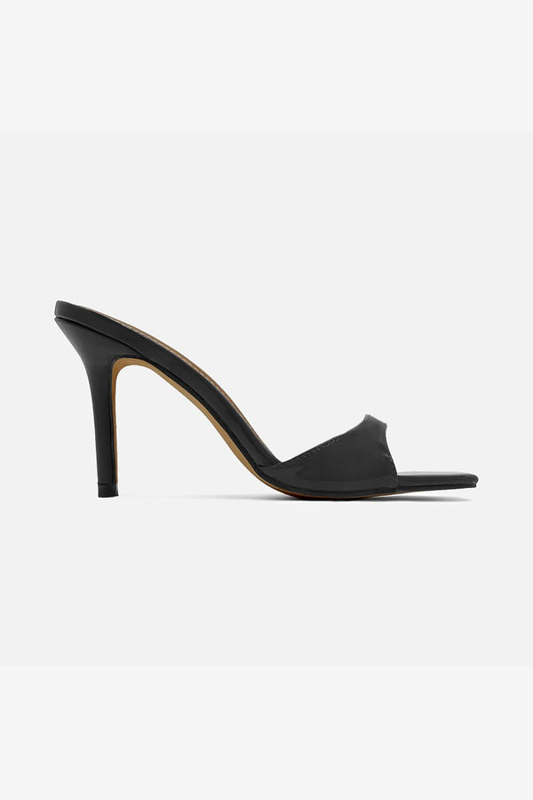 CAROLINE Black Faux Leather Slip On Mule - Open Toe - Square Toe