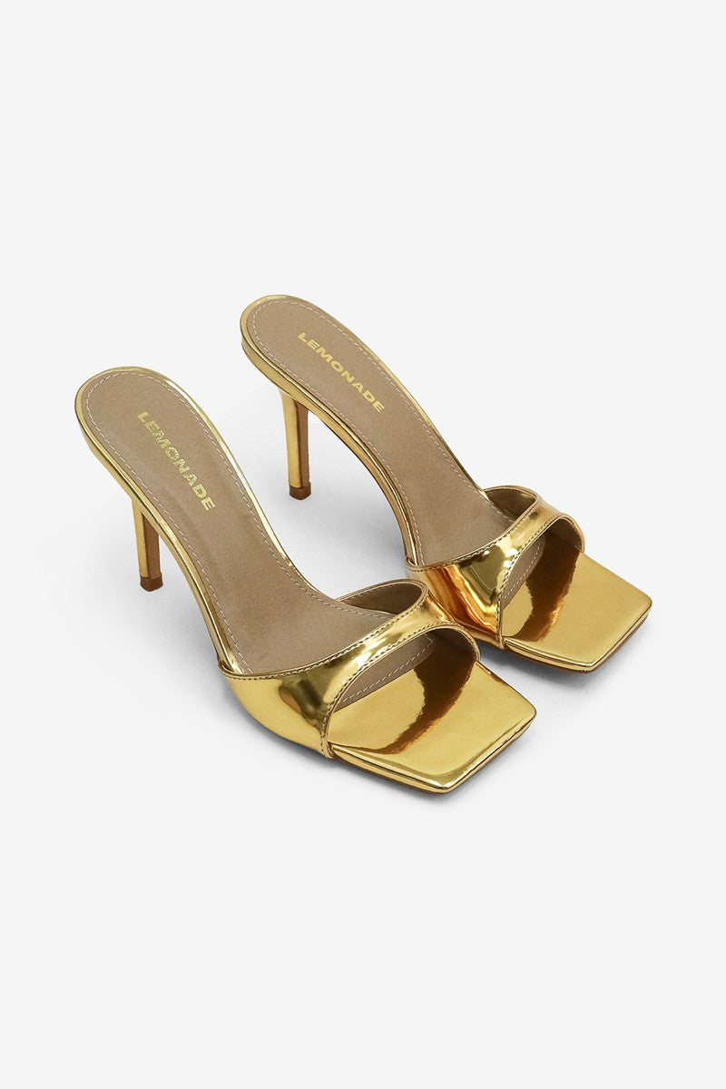 CAROLINE Gold Faux Leather Slip On Mule - Open Toe - Square Toe