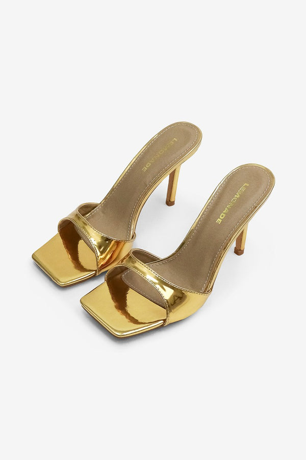 CAROLINE Gold Faux Leather Slip On Mule - Open Toe - Square Toe