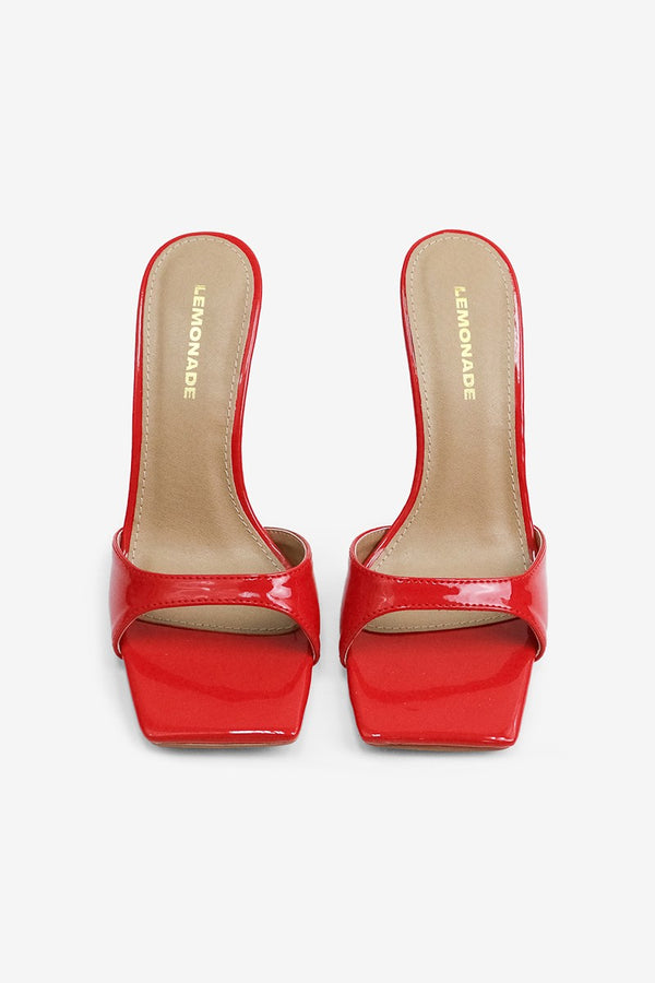 CAROLINE Red Patent Faux Leather Slip On Mule - Open Toe - Square Toe