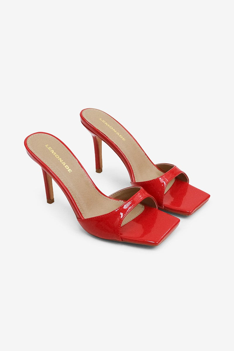 CAROLINE Red Patent Faux Leather Slip On Mule - Open Toe - Square Toe