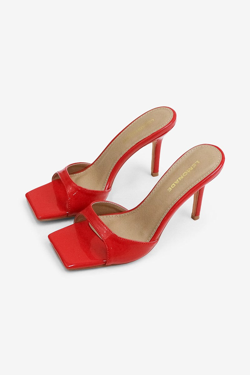 CAROLINE Red Patent Faux Leather Slip On Mule - Open Toe - Square Toe