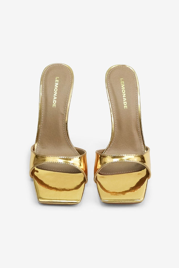 CAROLINE Gold Faux Leather Slip On Mule - Open Toe - Square Toe