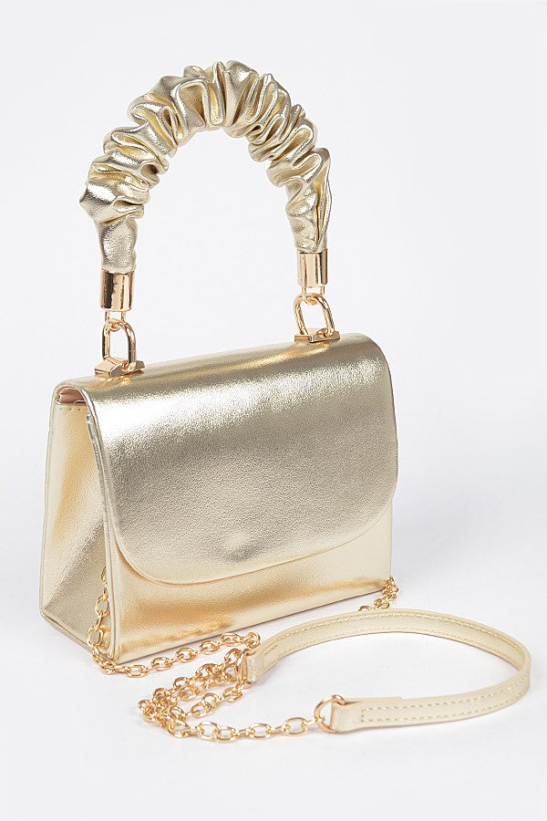 DAMONA BAG/HPC5752 Gold Faux Leather Top Handle Purse - Scrunch Top Handle Bag - Foldover Closure - Detachable Shoulder Strap - Approx. 6.5” x 5.25” x 3”