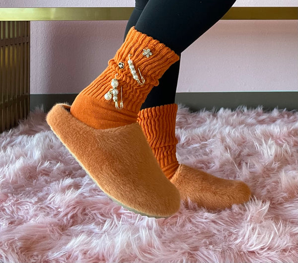 FURRY-10 Orange Faux Fur Slip-On Clog