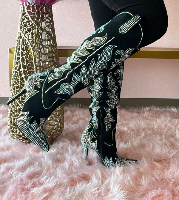 SHINING QUEEN Silver Black boot with Silver and Green Rhinestone Detail