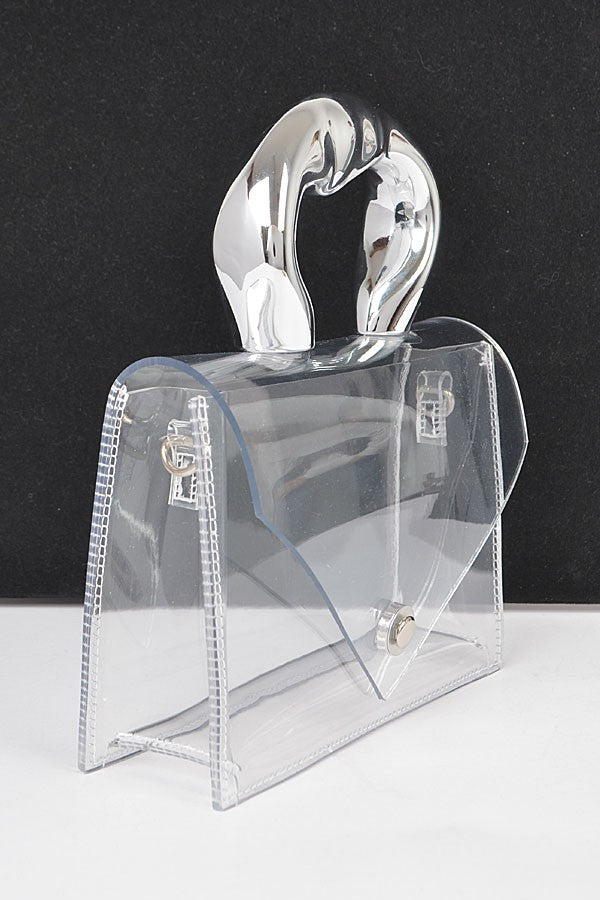 SHAWNA BAG/HPC6040 Clear/Silver Bag Silver Top Handle - Clear Plastic Bag - Silver Sculpted Handle