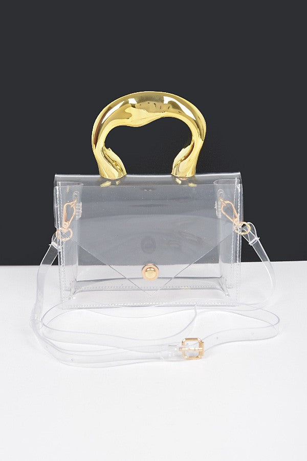 SHAWNA BAG/HPC6040 Clear/Gold Bag Gold Top Handle - Clear Plastic Bag - Gold Sculpted Handle