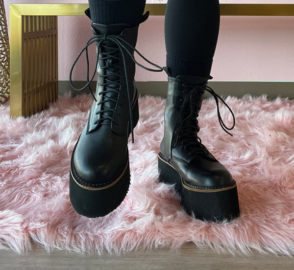 THE RIVETER Black Faux Leather Platform Combat Boot