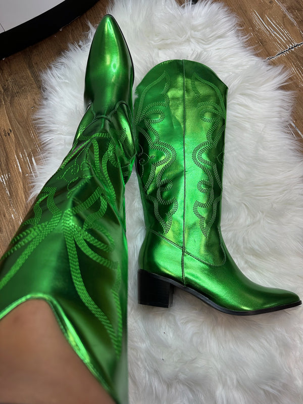 MALENA/2024 Green Metallic Faux Leather Cowboy Boot