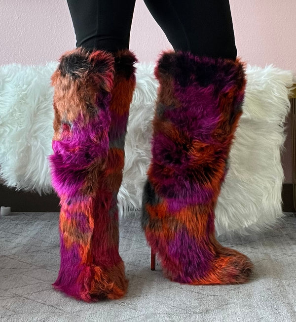 UPSETTER Orange Multi Faux Fur Boot - Stiletto Heel, approx 4" - Knee Boot