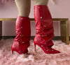 BUMBLE-01 Red Faux Leather Knee High Slouch Boots with Draped Front Panel