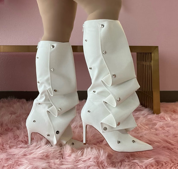 BUMBLE-01 White Faux Leather Knee High Slouch Boots with Draped Front Panel