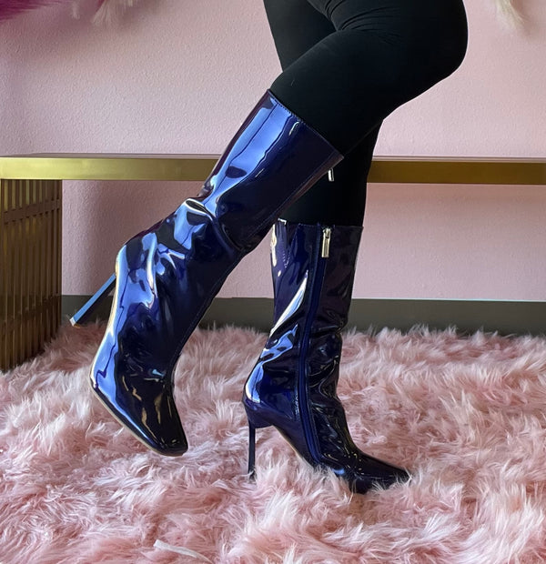 LUCIENE Royal Purple Blue Faux Patent Leather Boot - Inner Zipper Closure