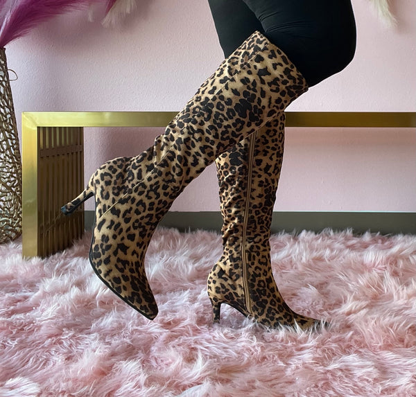 KAYLEE-1 Leopard Print Faux Suede Knee-High Boot