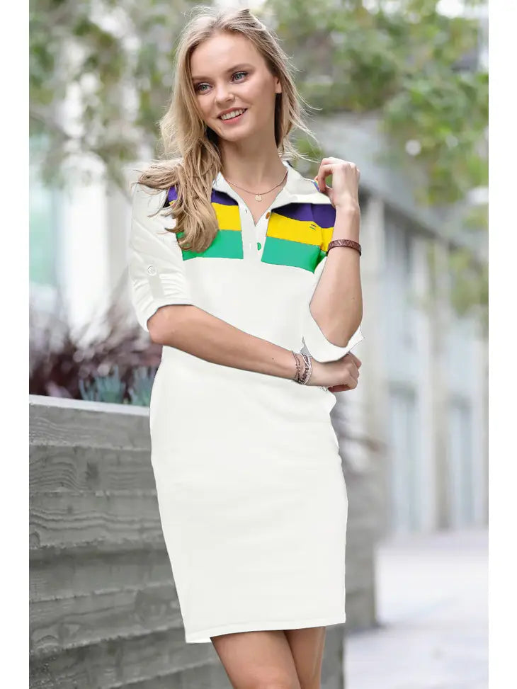 ROLL UP SLEEVE STRIPED MARDI GRAS DRESS White Multi - ShoeNami