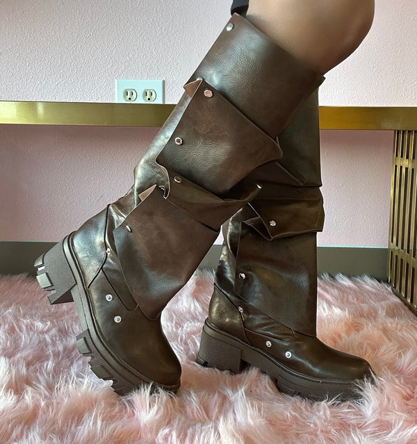 OH SNAP Brown Faux Leather Platform Boot - Snap Front Drape Panel - Knee High Boot