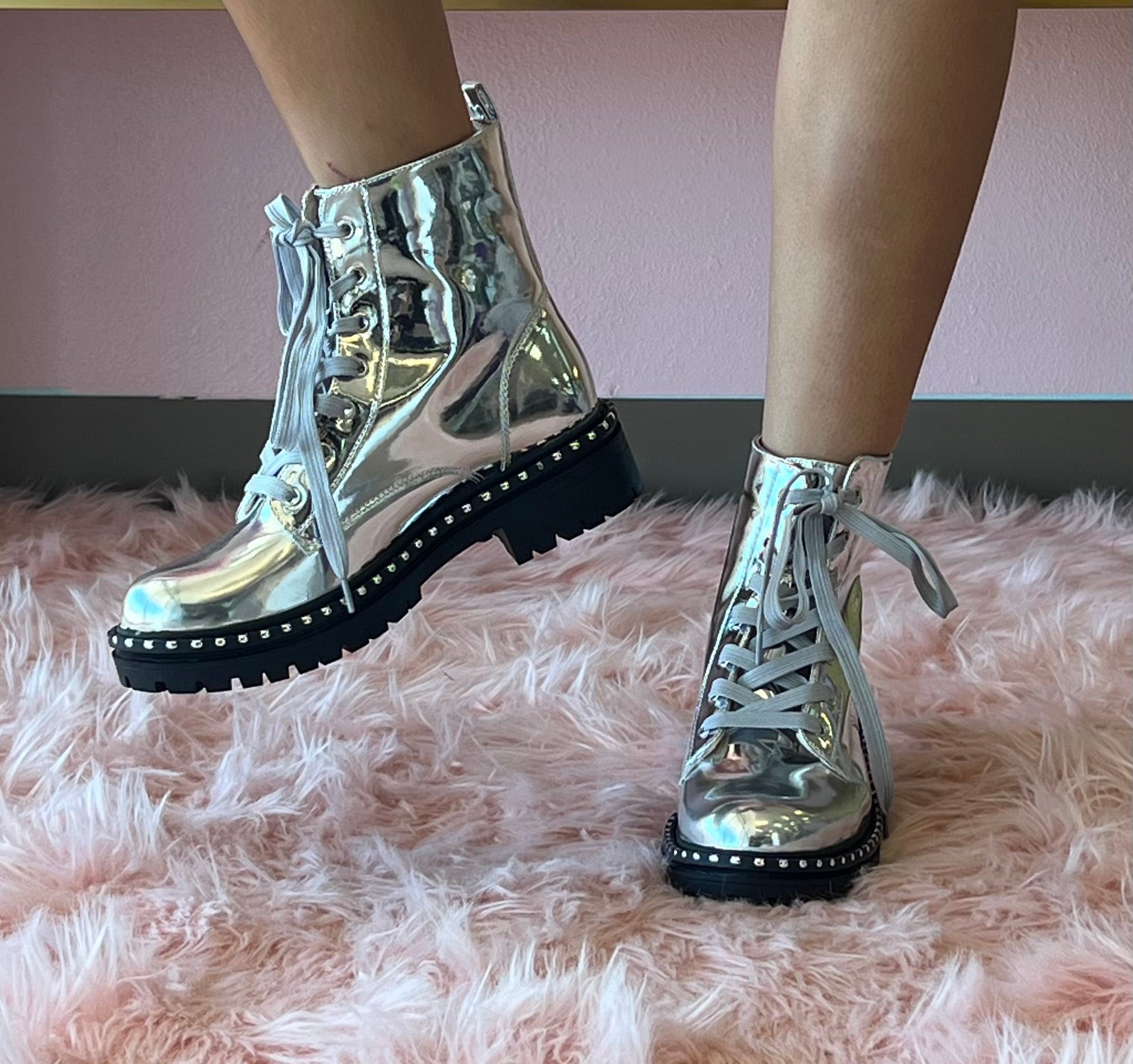 MIRA-4 Silver Mirror Metallic Combat Boots