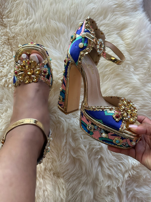 ROYAL-1  Blue Gold Platform Heel Multi Print Satin and Gold Faux Leather Trim