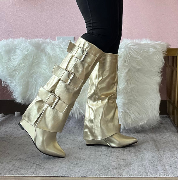 TIMELY Gold Faux Leather Sleeve Boot - Knee-High Sleeve Drape Over