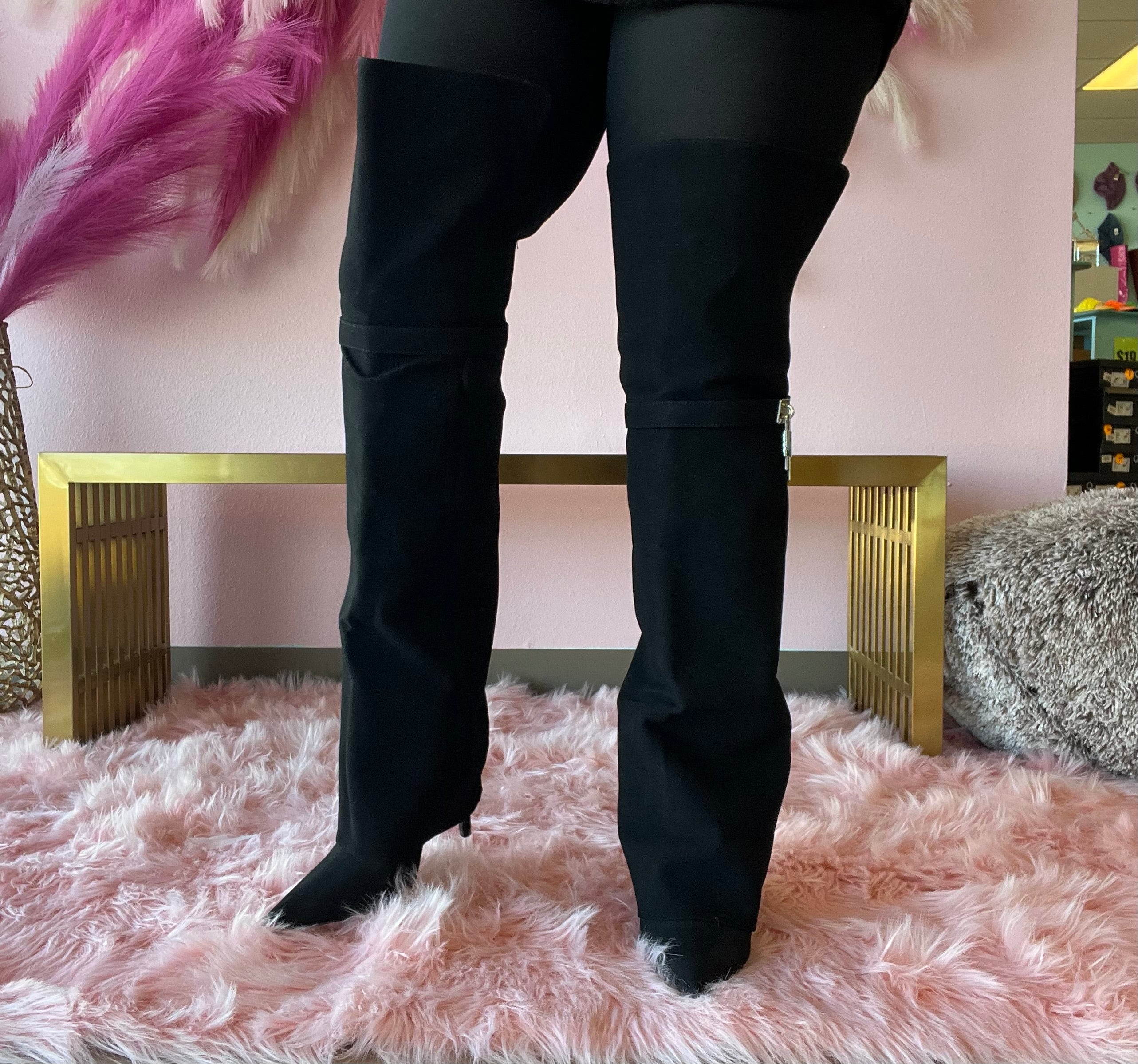 HIGH STANDARD Black Faux Suede Sleeve Boot Thigh High