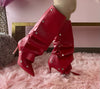 BUMBLE-01 Red Faux Leather Knee High Slouch Boots with Draped Front Panel