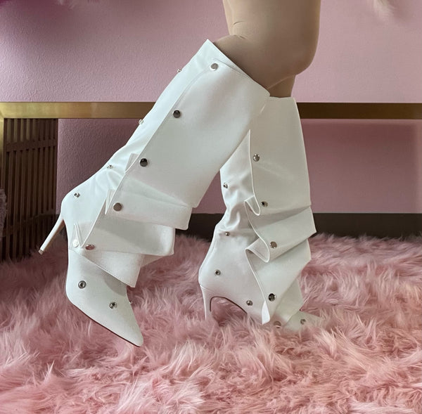 BUMBLE-01 White Faux Leather Knee High Slouch Boots with Draped Front Panel