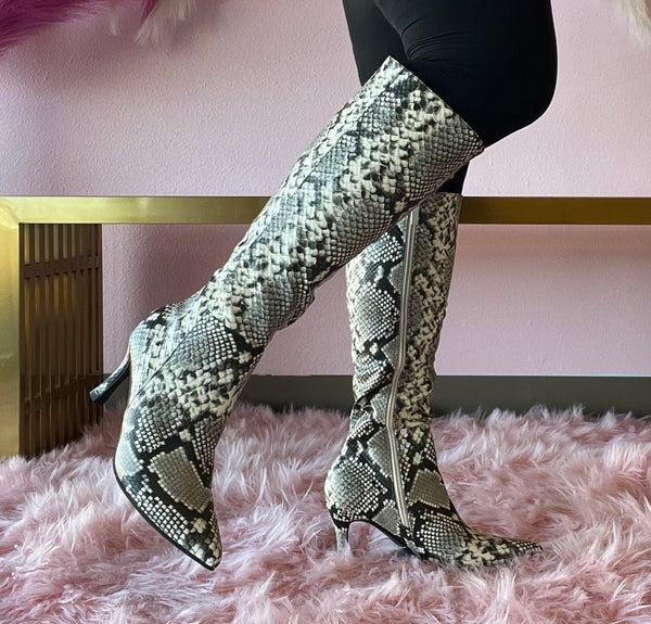 KAYLEE-1 Beige Faux Snake Knee-High Boot