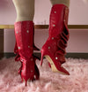 BUMBLE-01 Red Faux Leather Knee High Slouch Boots with Draped Front Panel