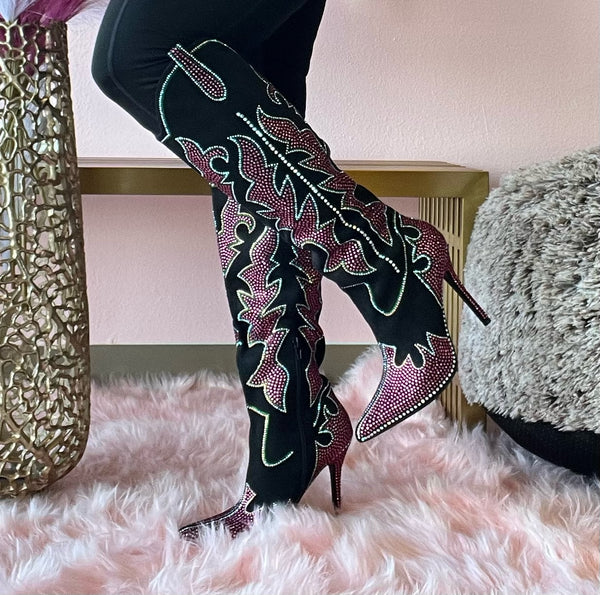 SHINING QUEEN Black boot with Hot Pink, Clear and Green Rhinestone Detail