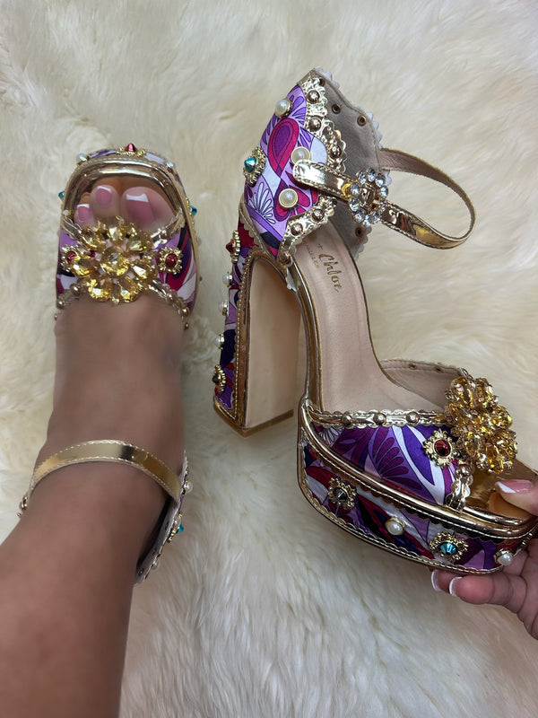 ROYAL-1  Purple Gold Platform Heel Multi Print Satin and Gold Faux Leather Trim