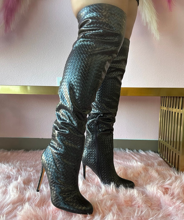 Black faux leather thigh high boots online