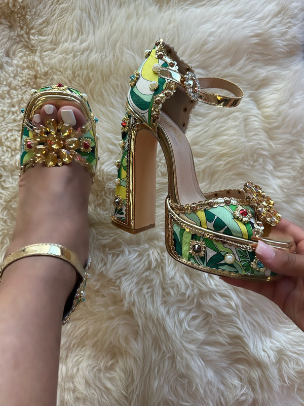 ROYAL-1  Green Gold Platform Heel Multi Print Satin and Gold Faux Leather Trim