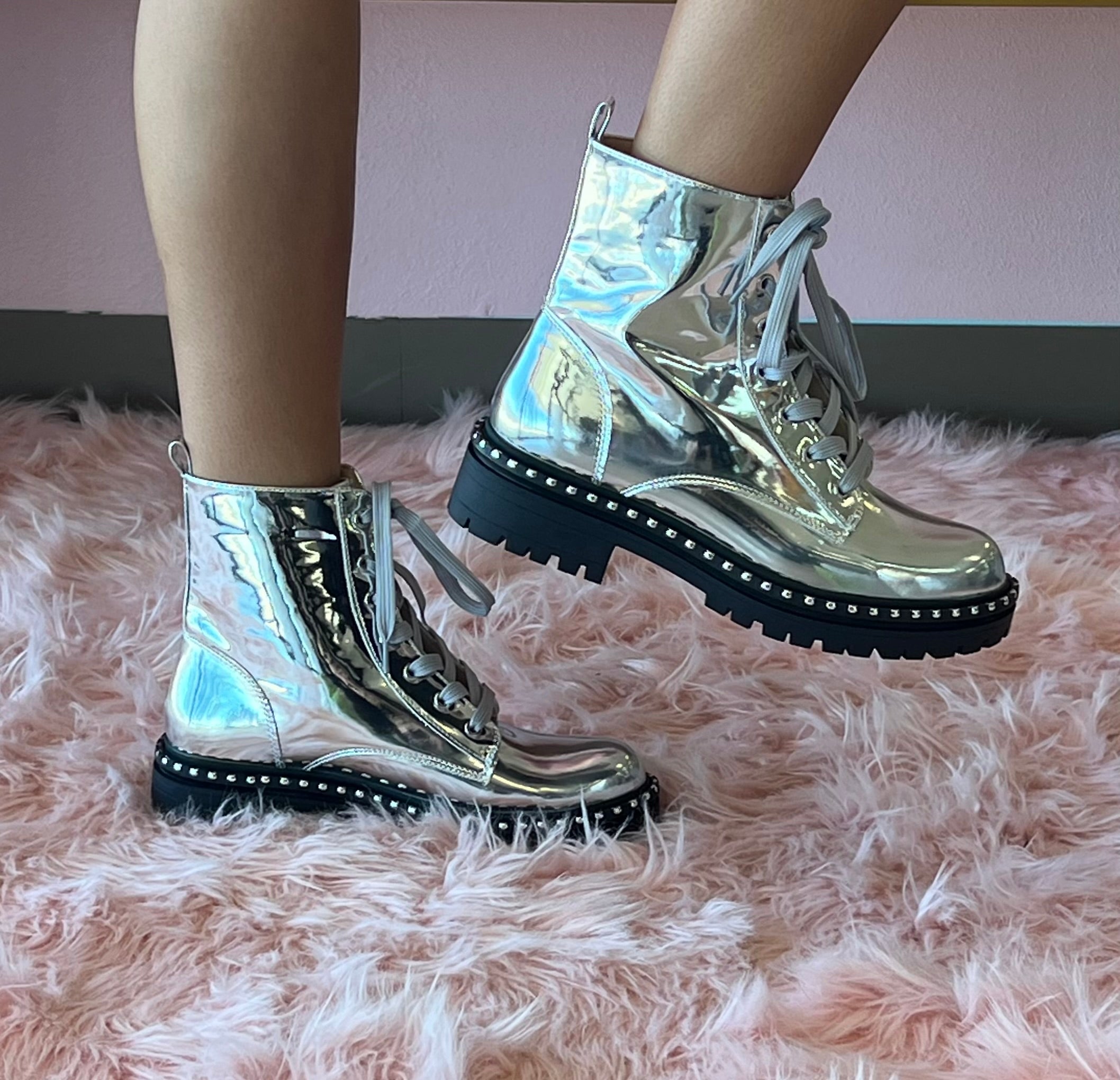 MIRA-4 Silver Mirror Metallic Combat Boots