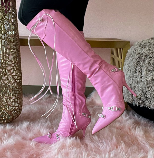 BEXIE-3/2024 Pink Faux Leather Boot Knee High Boot with Tassel Zipper Detail