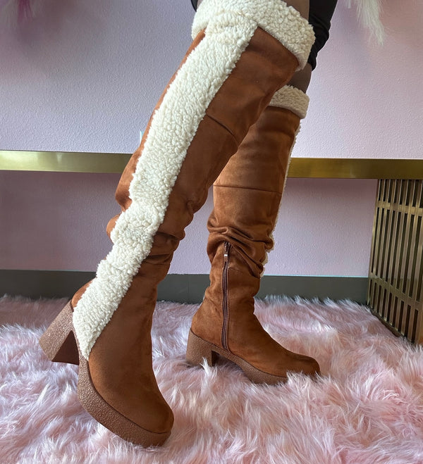 TOP TIER Tan Camel Faux Suede Faux Fur Thigh High Boot - Half Zipper Closure