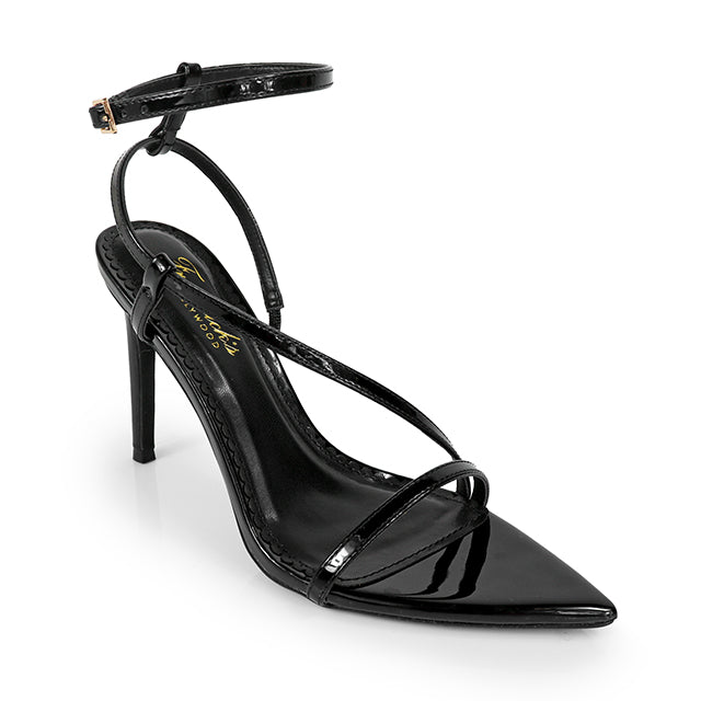 FOH-CHARLENE Black Faux Patent Leather Strappy Heel