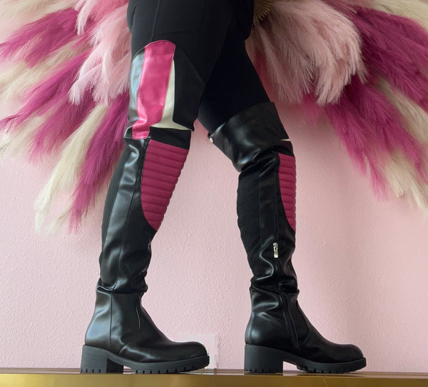 NORRIS-1 Pink/Black Faux Leather Over Knee Moto Boot  - Motorcycle Styling Detail