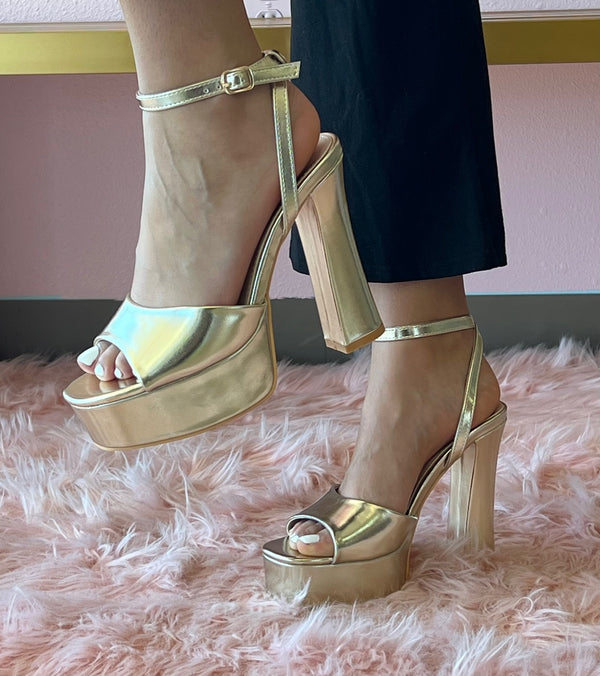 DELLA Gold Faux Leather Platform Heel - Ankle Strap with Adjustable Buckle