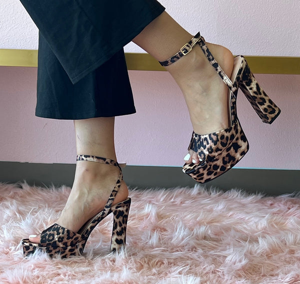 DELLA Leopard Print Platform Heel - Ankle Strap with Adjustable Buckle