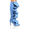 MAGE-1 Denim Drape Knee High Slouch Boots with Draped Front Panel