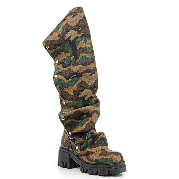 MAGEO-1 Camo Platform Boot - Snap Front Drape Panel - Knee High Boot