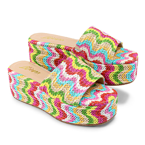 ROOKIE-16 Multi Color Raffia Straw Platform Slide Sandal